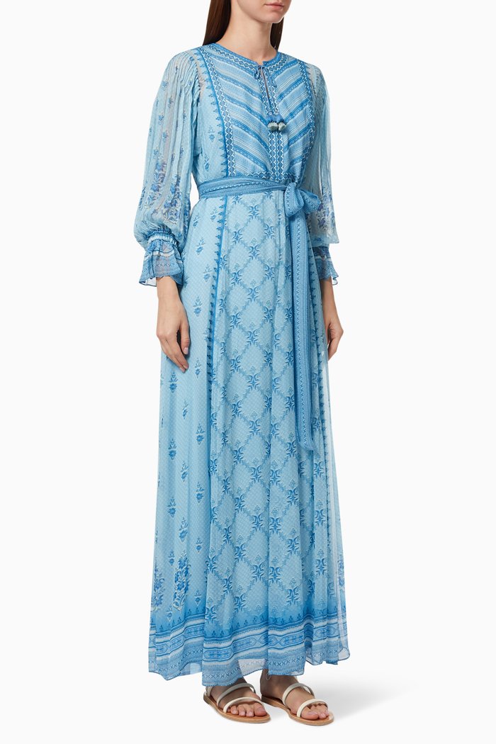 

Printed Dress with Belt, Blue