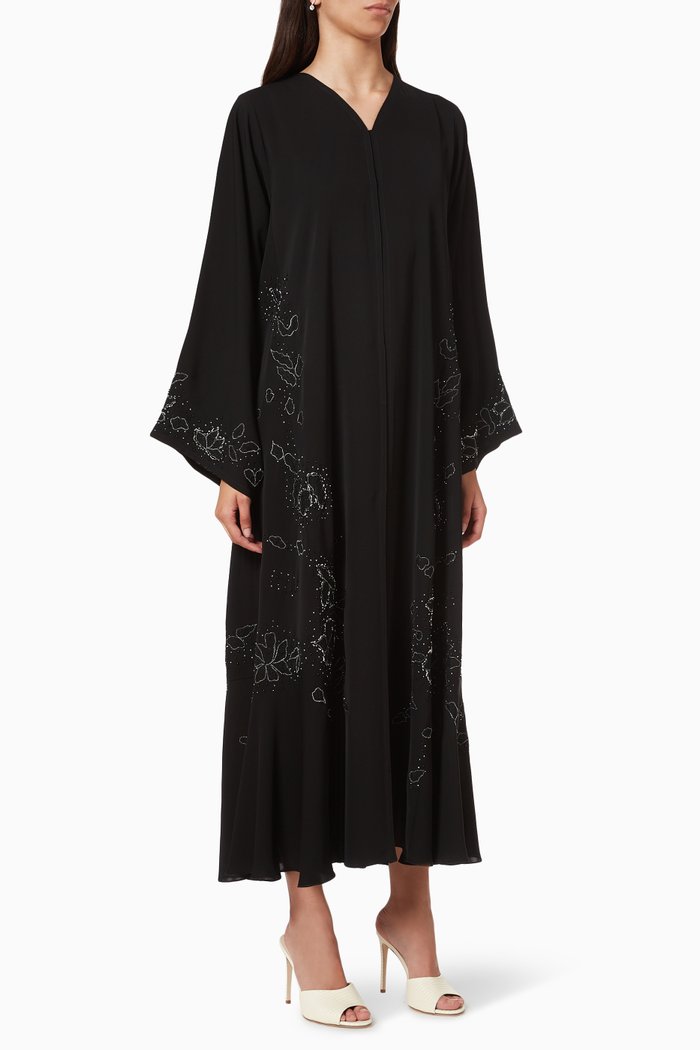 

Floral Embroidered Abaya in Crepe, Black