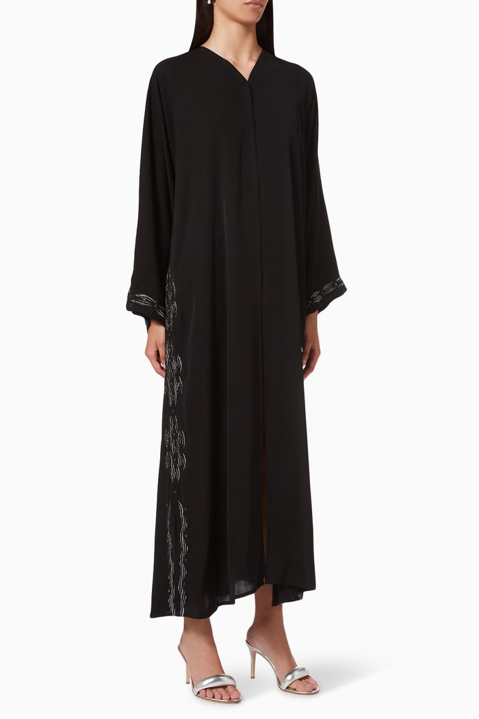 

Floral Metallic Embroidered Abaya in Crepe, Black
