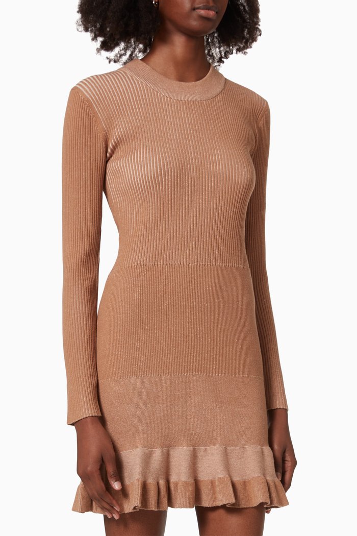 

Flounced Hem Mini Dress in Ribbed Knit, Brown