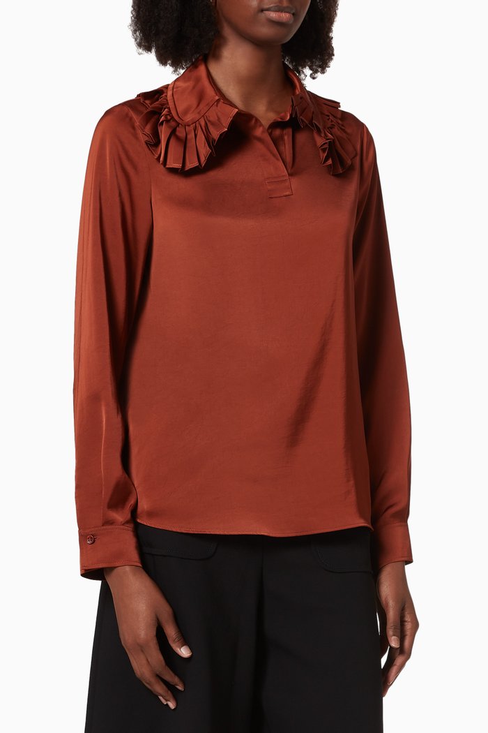 

Ruffled Collar Blouse in Satin, Brown