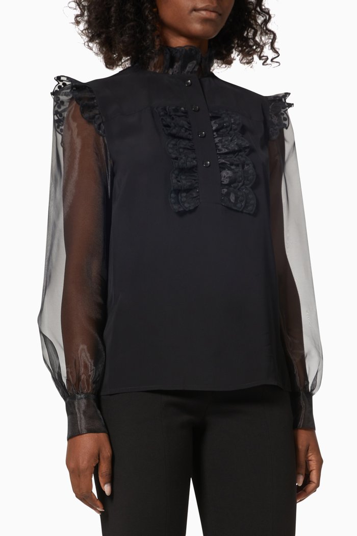 

Ruffled Blouse in Crepe & Mesh, Black