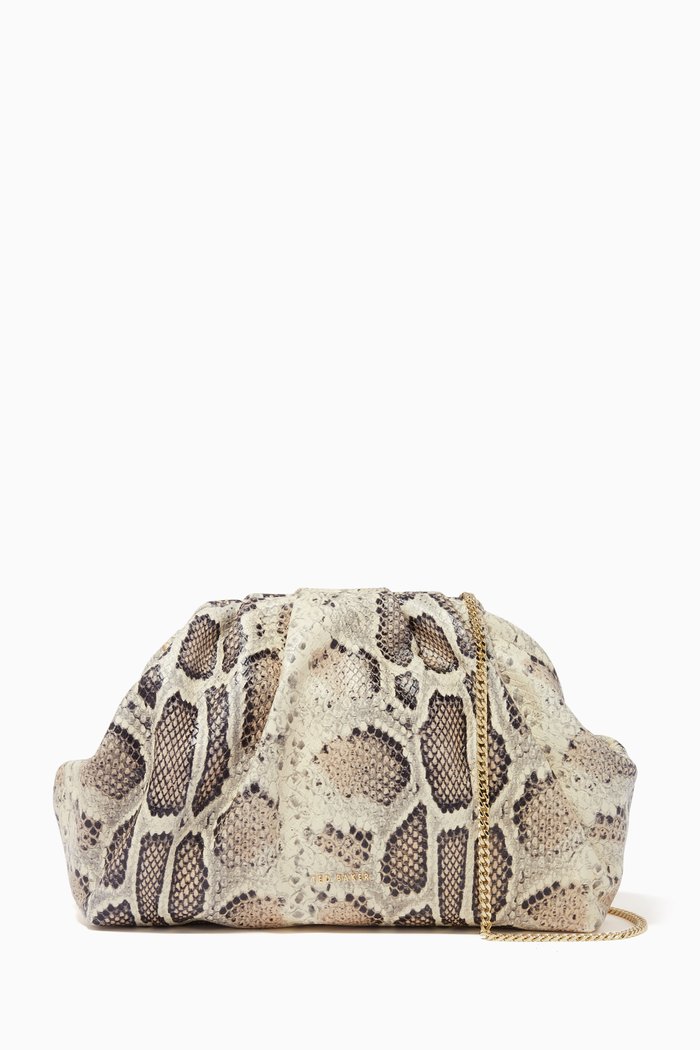 

Bibeei Gathered Clutch in Snake-print Leather, Grey