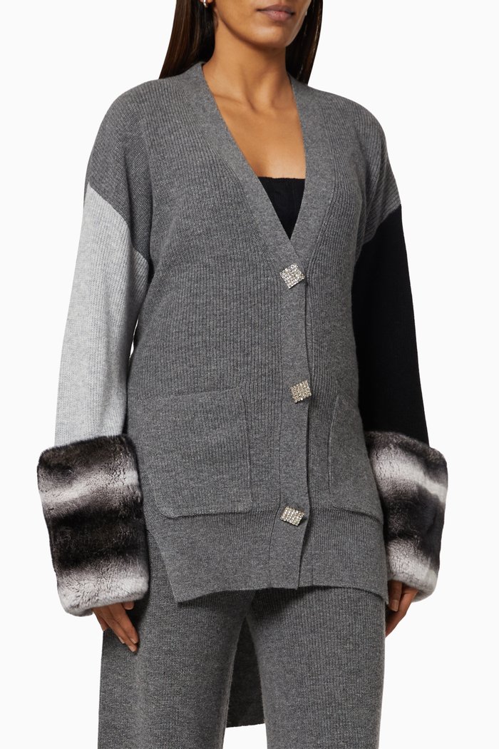 Fur Trim Embellished Cardigan in Rib-knit, Grey