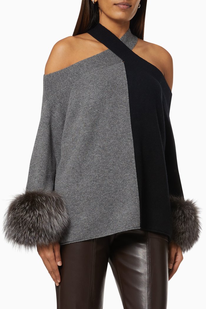 

Fur Trim Colour Block Sweater in Rib-knit, Grey