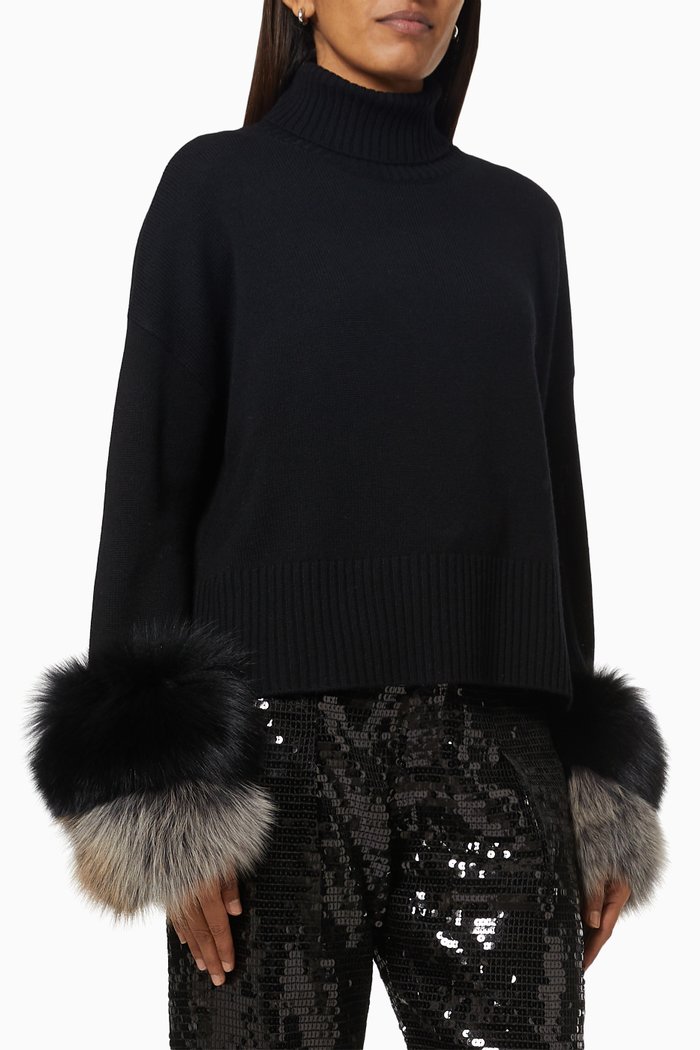 

Fur Trim Polo Neck Sweater in Rib-knit, Black