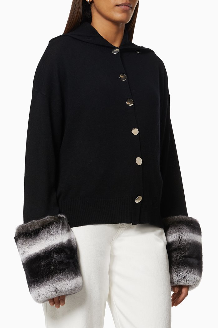 

Chinchilla Fur Trim Cardigan in Rib-knit, Black