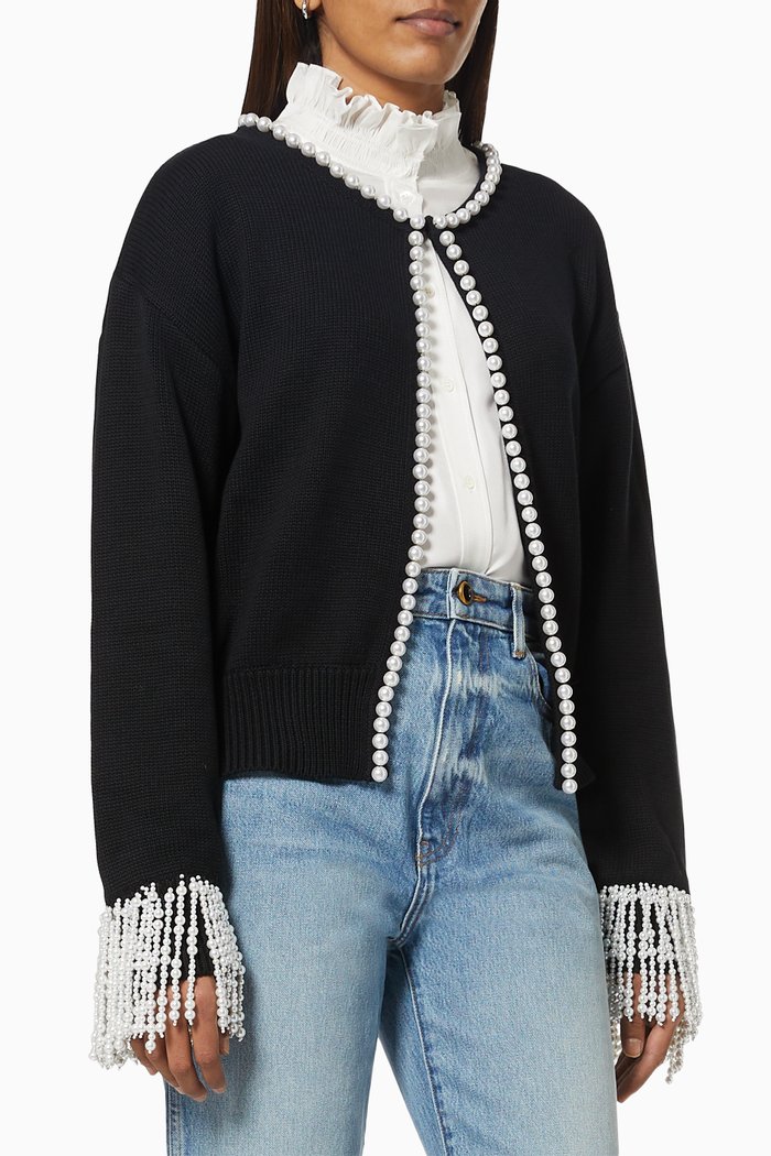 Pearl Trim Cardigan in Rib-knit, Black