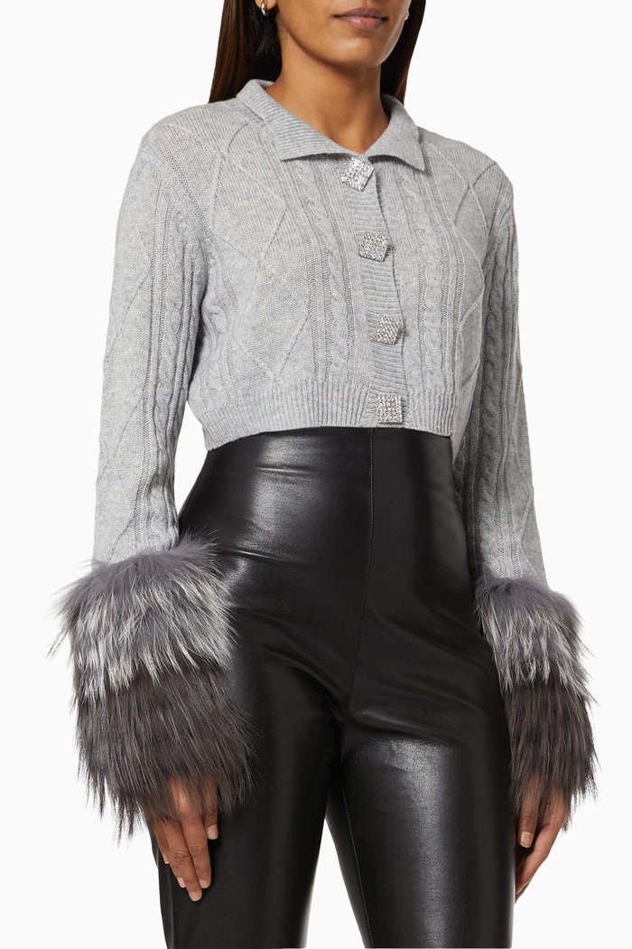 

Fur Trim Crop Sweater in Cable-knit, Grey