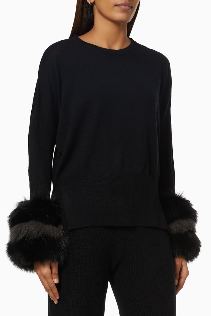 

Fur Trim Sweater in Rib-knit, Black