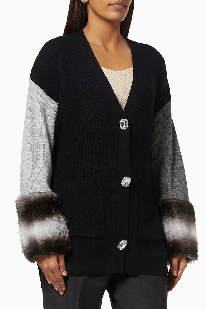 

Faux Fur Trim Cardigan in Rib-knit, Black