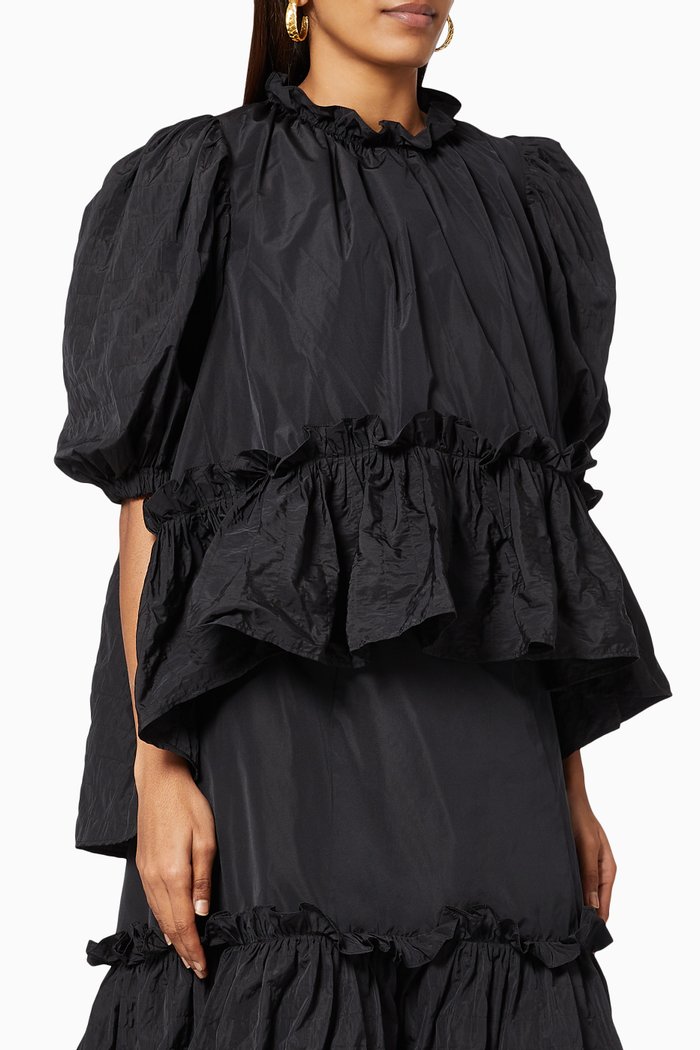 Helle Balloon Sleeves Top in Recycled Textured Polyester, Black