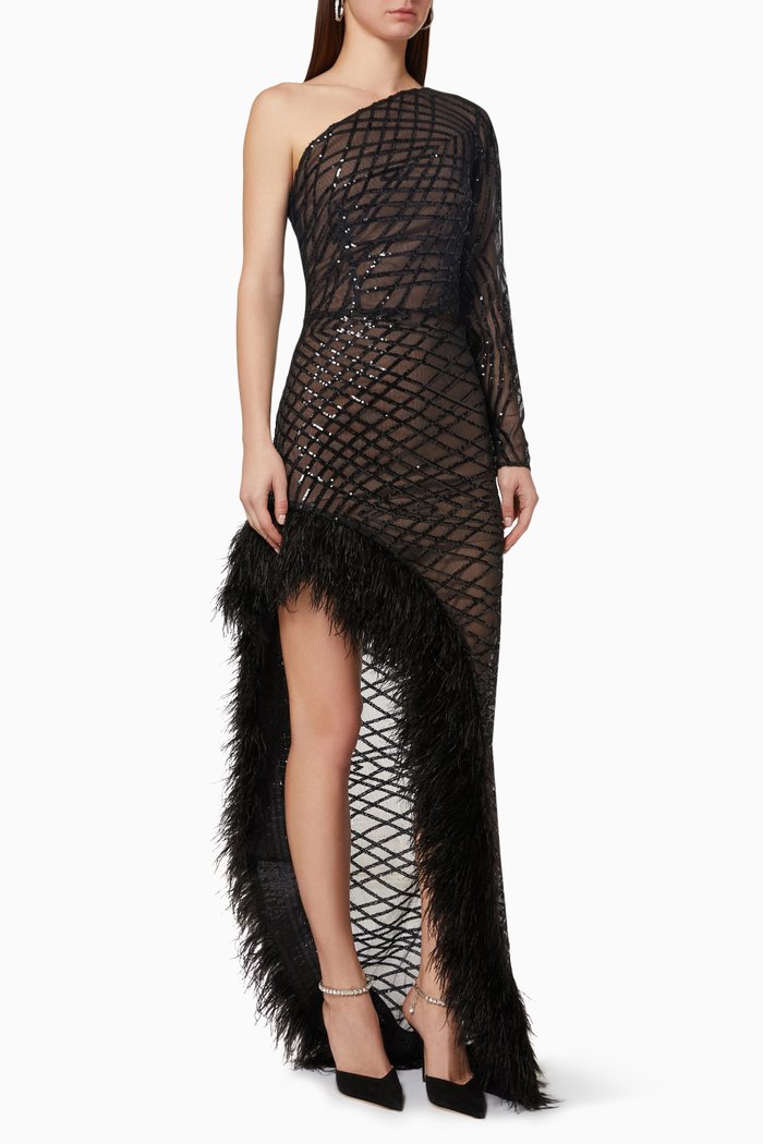 

Lola One Sleeve Noir Gown with Ostrich Features, Black