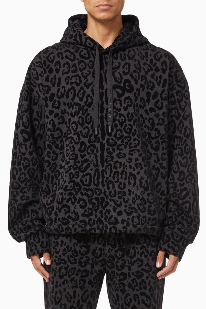 

Leopard Print Hoodie in Jersey, Grey