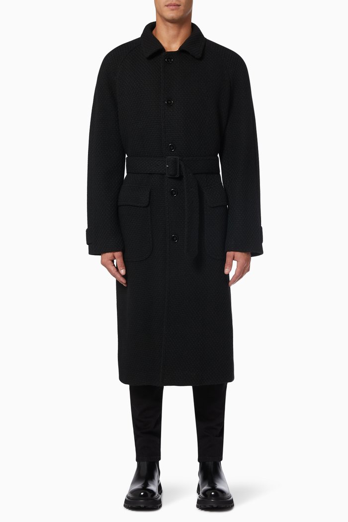 

Single-breasted Coat with Belt in Wool, Black