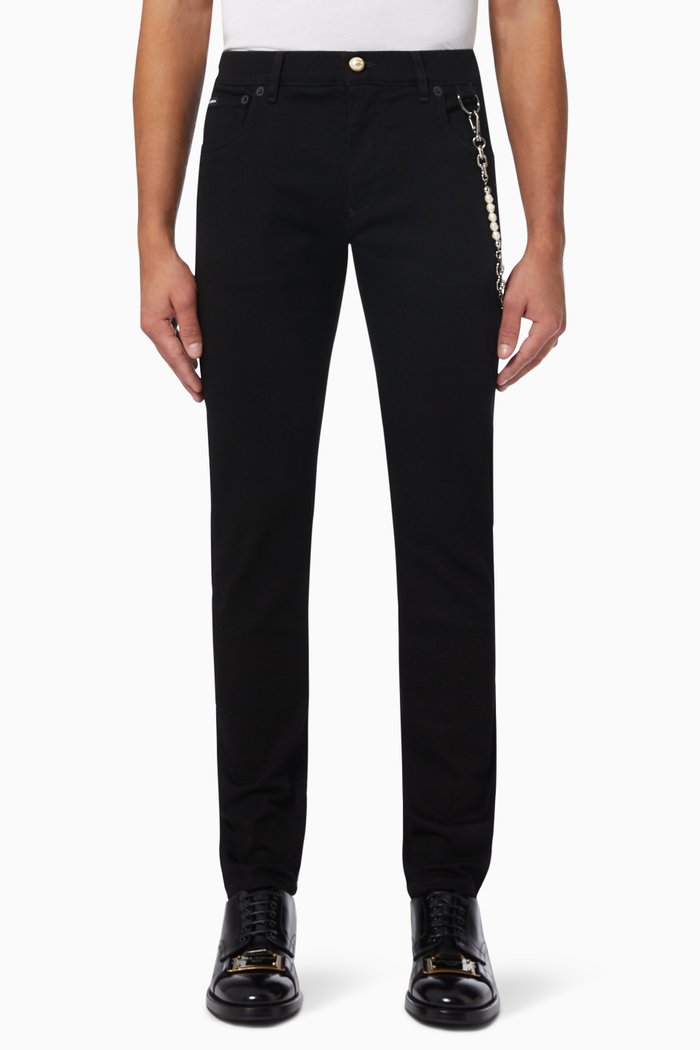 

Skinny Jeans with Chain in Stretch Denim, Black