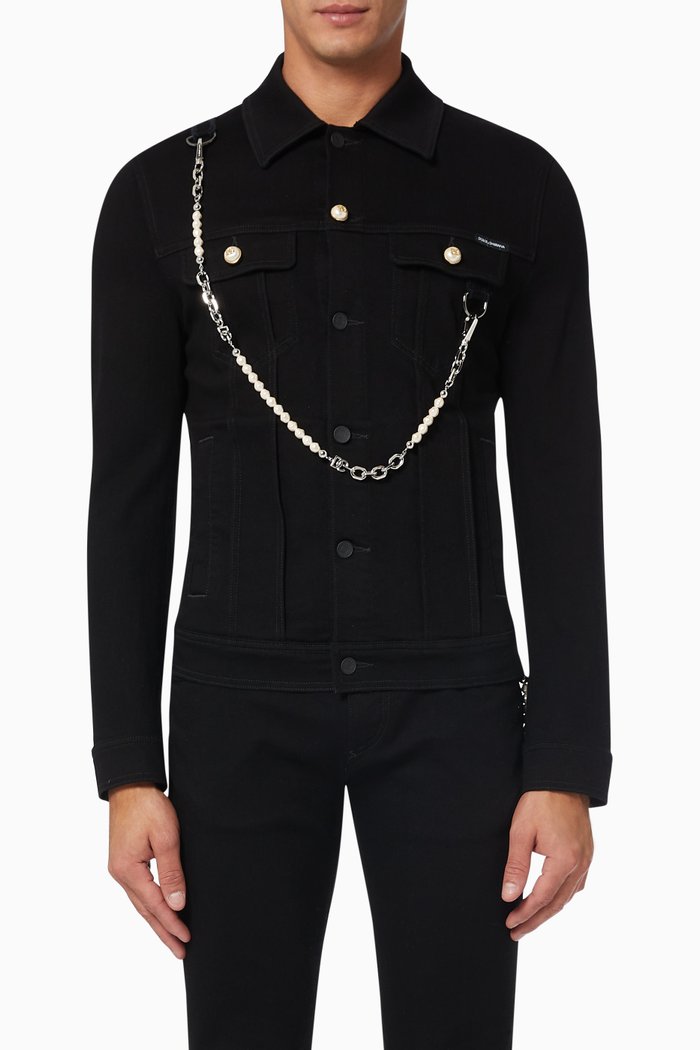 Chain-Detail Jacket in Stretch Denim, Black