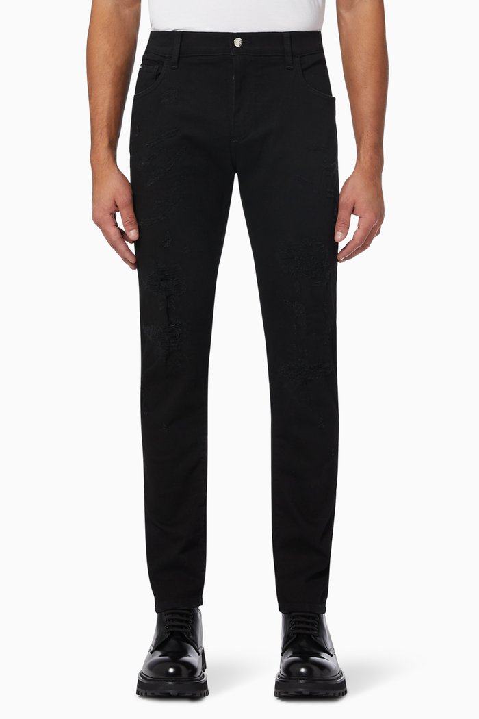 

Slim-fit Jeans with Repaired Rips in Stretch Denim, Black