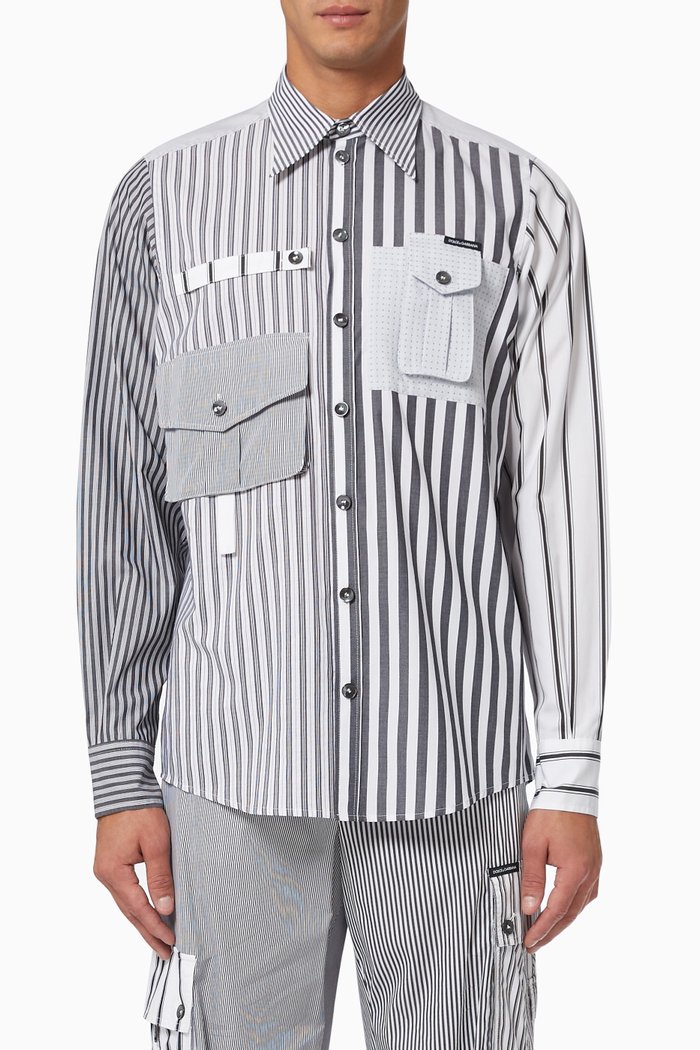 

Multi-pocket Shirt in Mix Stripe Cotton, Black