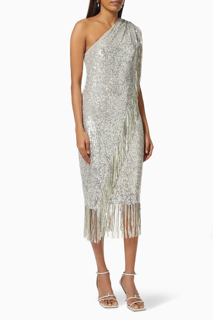 Cocktail Fringe Dress in Sequin, Silver