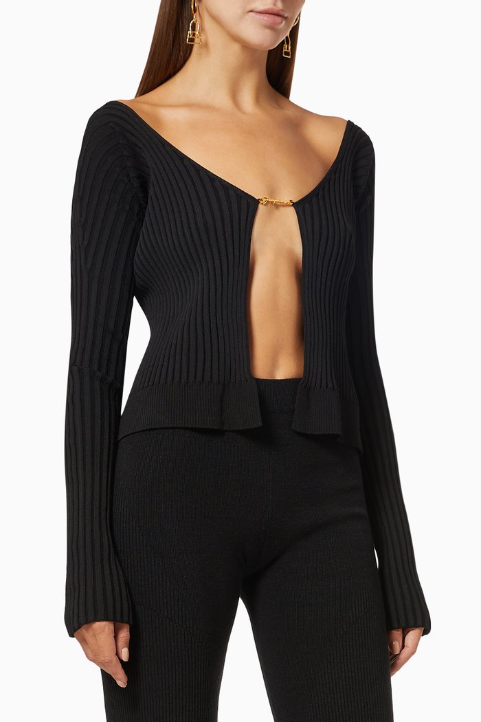 La Maille Pralù Longue Cardigan in Viscose Nylon Blend Knit, Black