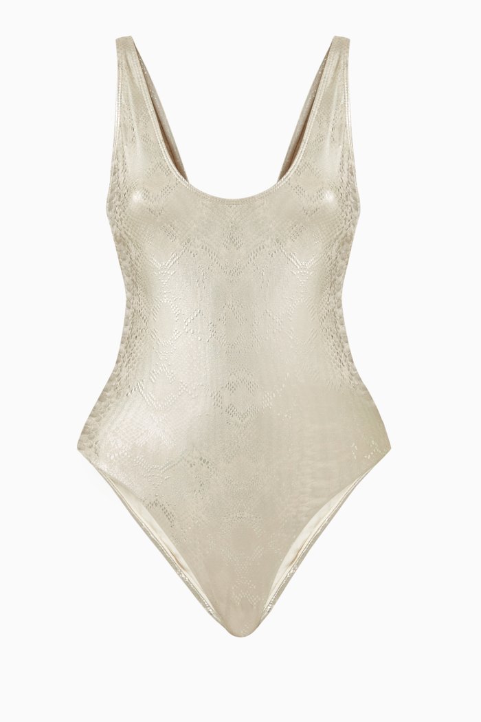 

Metallic Layout Swimsuit in High-shine Nylon, Silver