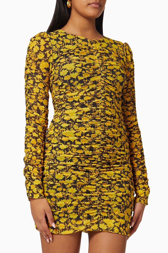 

Ruched Dress in Printed Mesh, Yellow