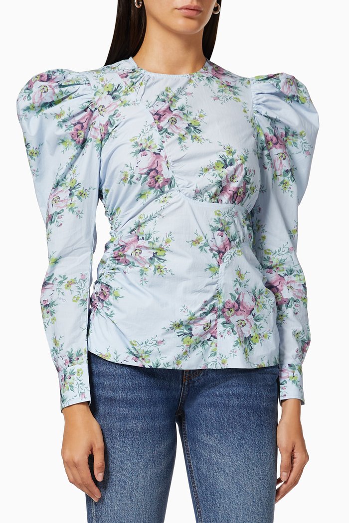 

Floral Gathered Blouse in Organic Cotton Poplin, Grey
