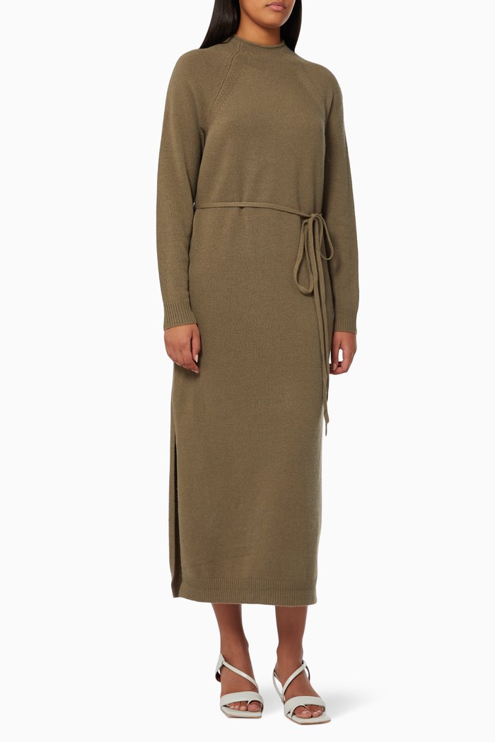 

Raglan Knitted Belted Dress, Green