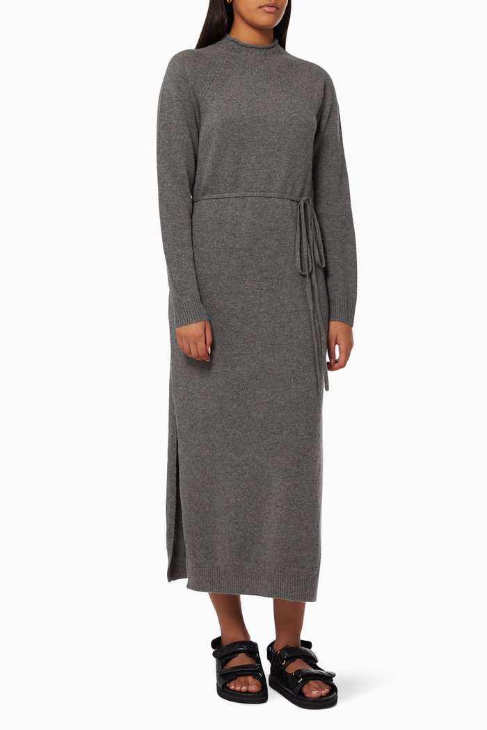 Raglan Knitted Dress with Belt, Grey