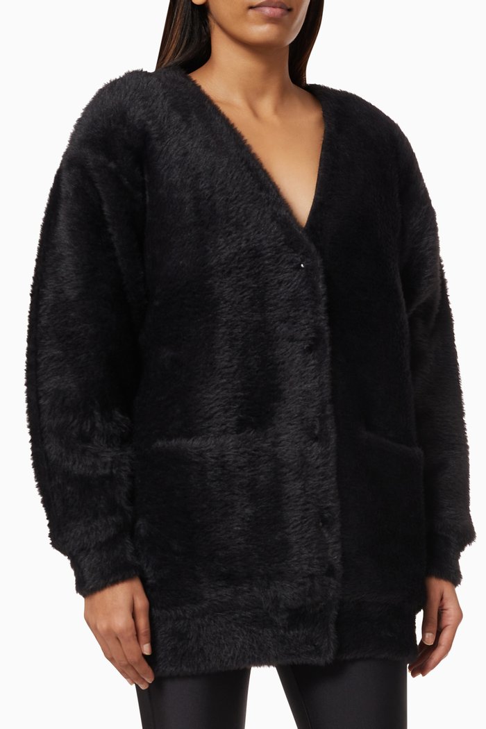 

V-neck Long Cardigan in Faux Fur, Black