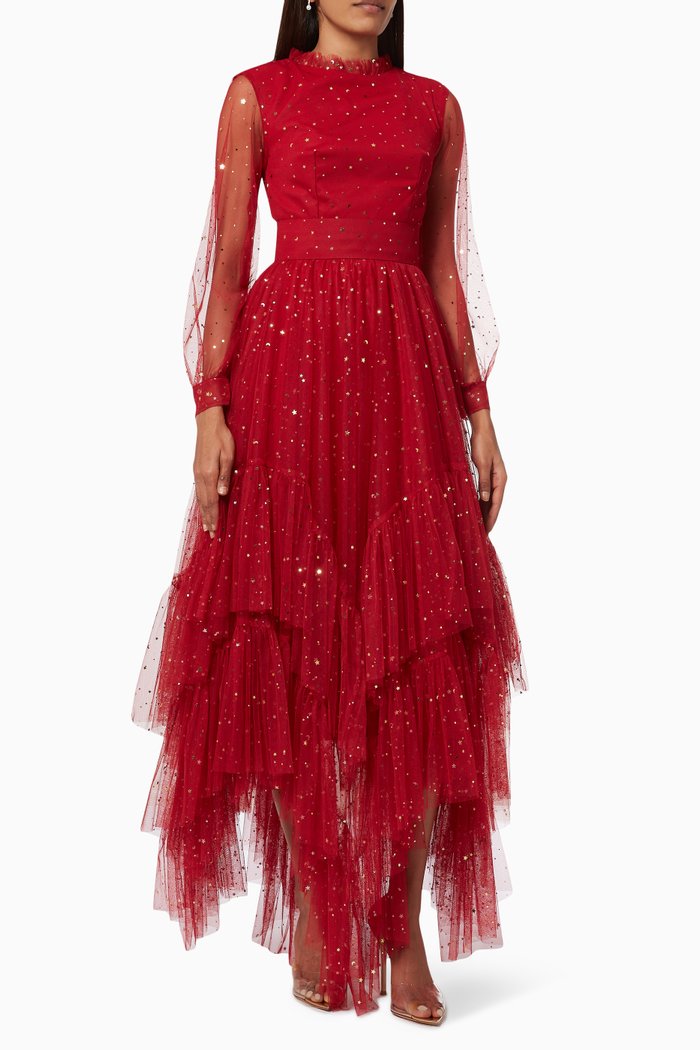 

Stars Ruffled Dress in Tulle, Red