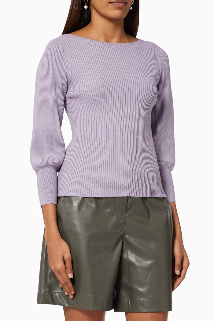 

Pinide Puff Sleeve Sweater in Rib-knit, Purple