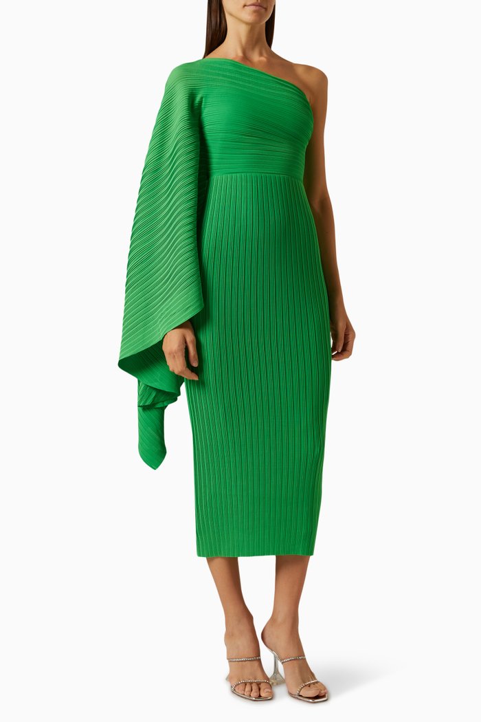 The Lenna Midi Dress in Plissé Crepe, Green