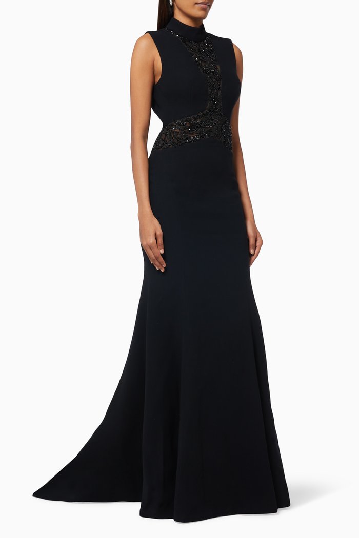 

Beaded Gown in Marocain Crepe, Black