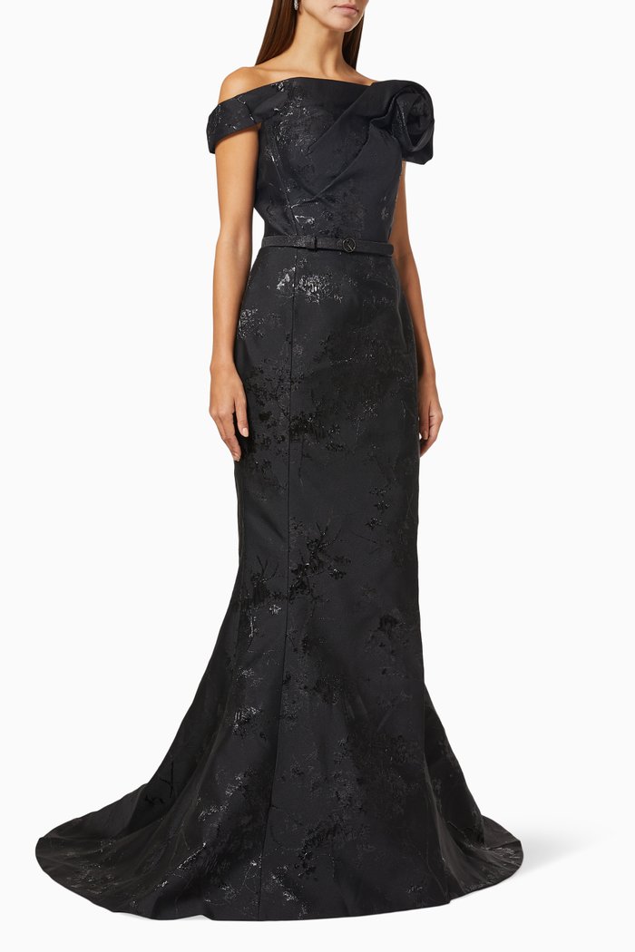 

Long Brocade Dress with Belt, Black