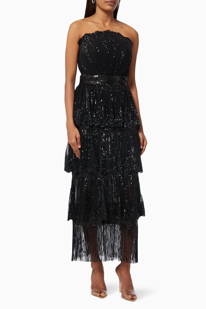 

Long Charleston Dress with Sequin Embroidery, Black