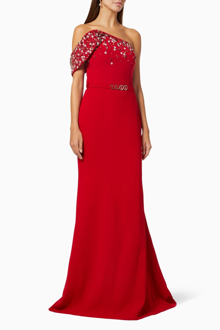 

Beaded Dress in Marocain Crepe, Red