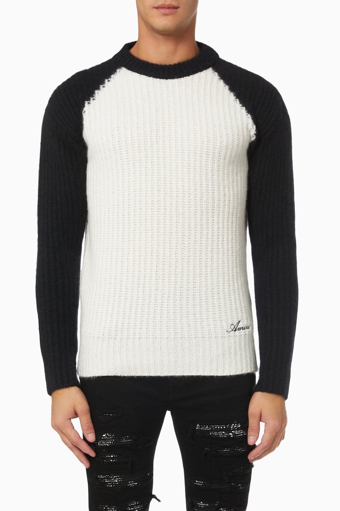 Colour Blocked Crew Sweater in Cashmere Silk Knit, White