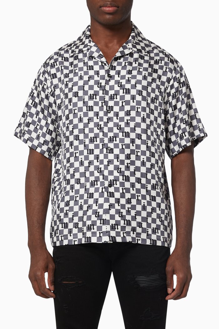

Checkered Bowling Shirt in Silk Twill, Black
