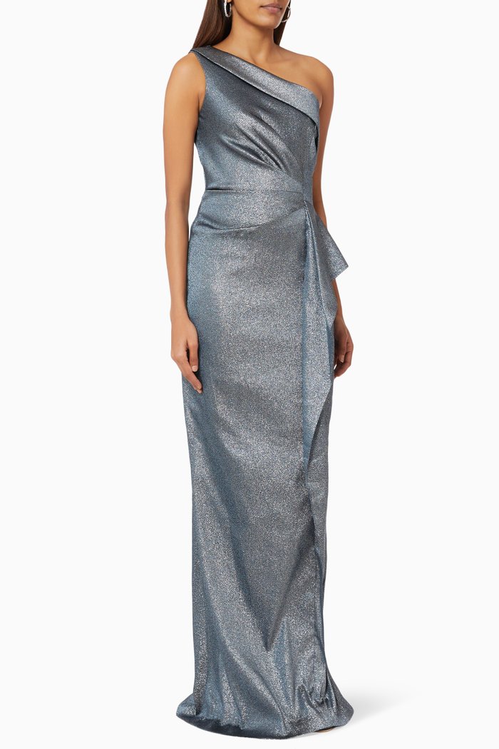 

Ruched Peplum Gown in Metallic Jacquard, Silver