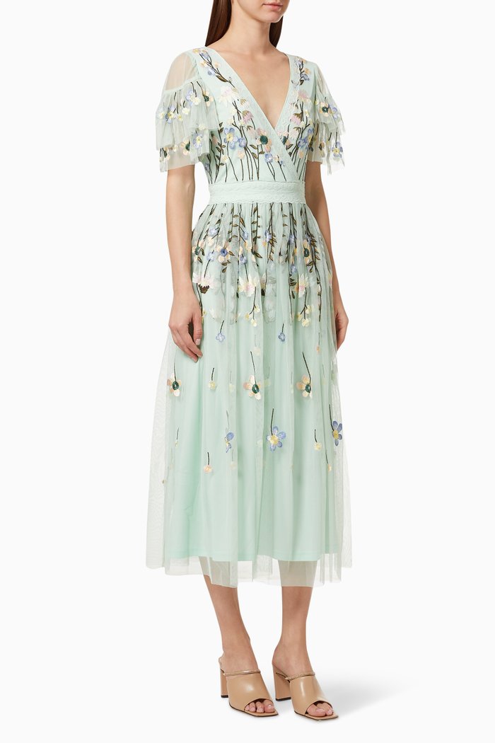 Floral Embroidered Midi Dress in Mesh, Green