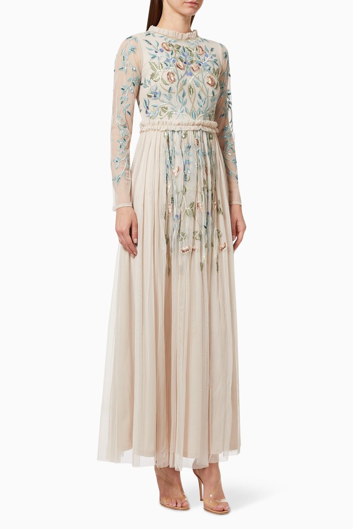 

Floral Embroidered Maxi Dress in Mesh, Pink