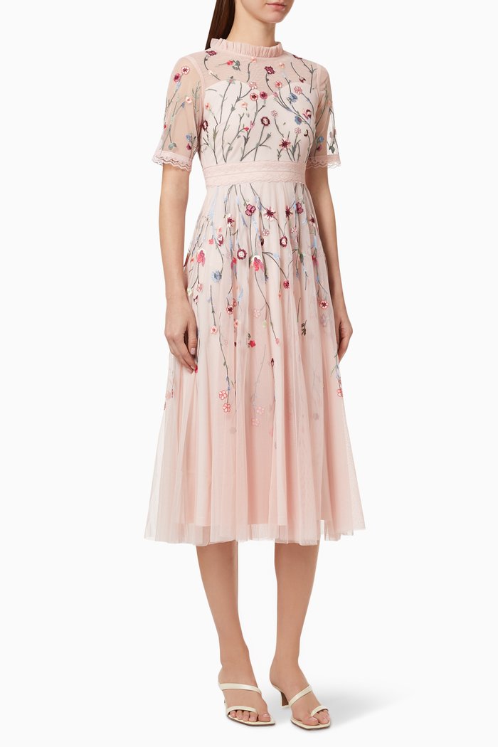 

Floral Embroidered Dress in Mesh, Pink