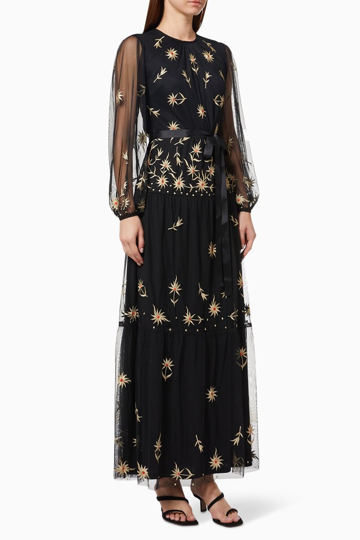 

Daisies Embroidered Maxi Dress in Mesh, Black