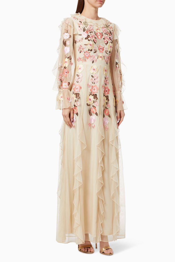 

Floral Ruffle Trim Maxi Dress in Mesh, Pink