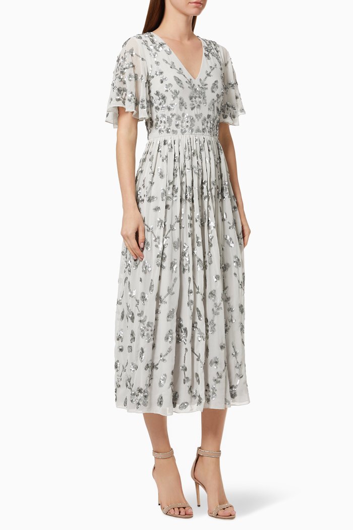 

Sequin Embroidered Midi Dress in Chiffon, Grey