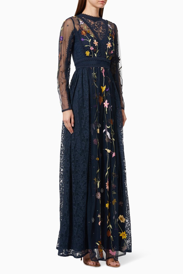 

Floral Maxi Dress in Lace & Mesh, Blue
