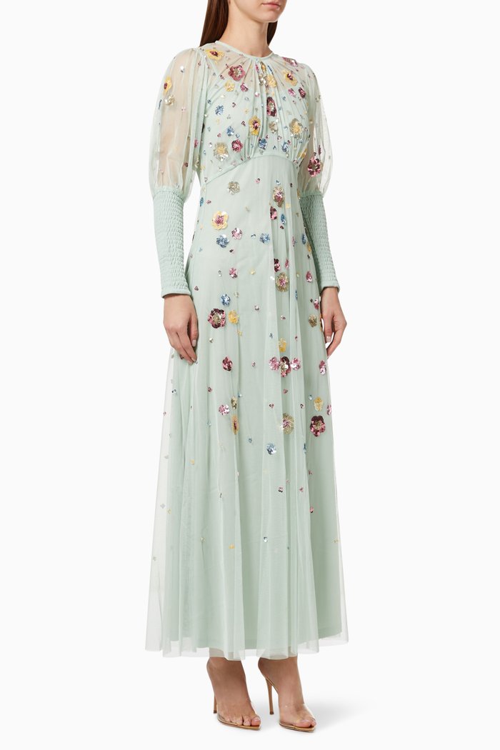 

Floral Sequinned Maxi Dress in Mesh, Green