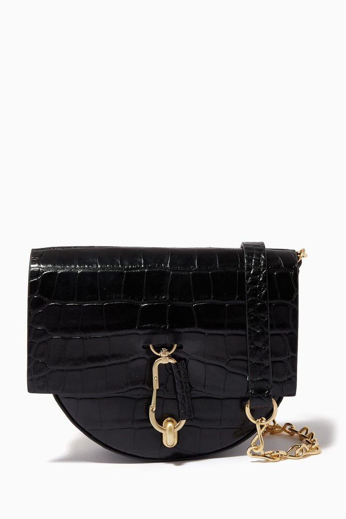 Belay Mini Saddle Crossbody Bag in Croc-embossed Leather, Black